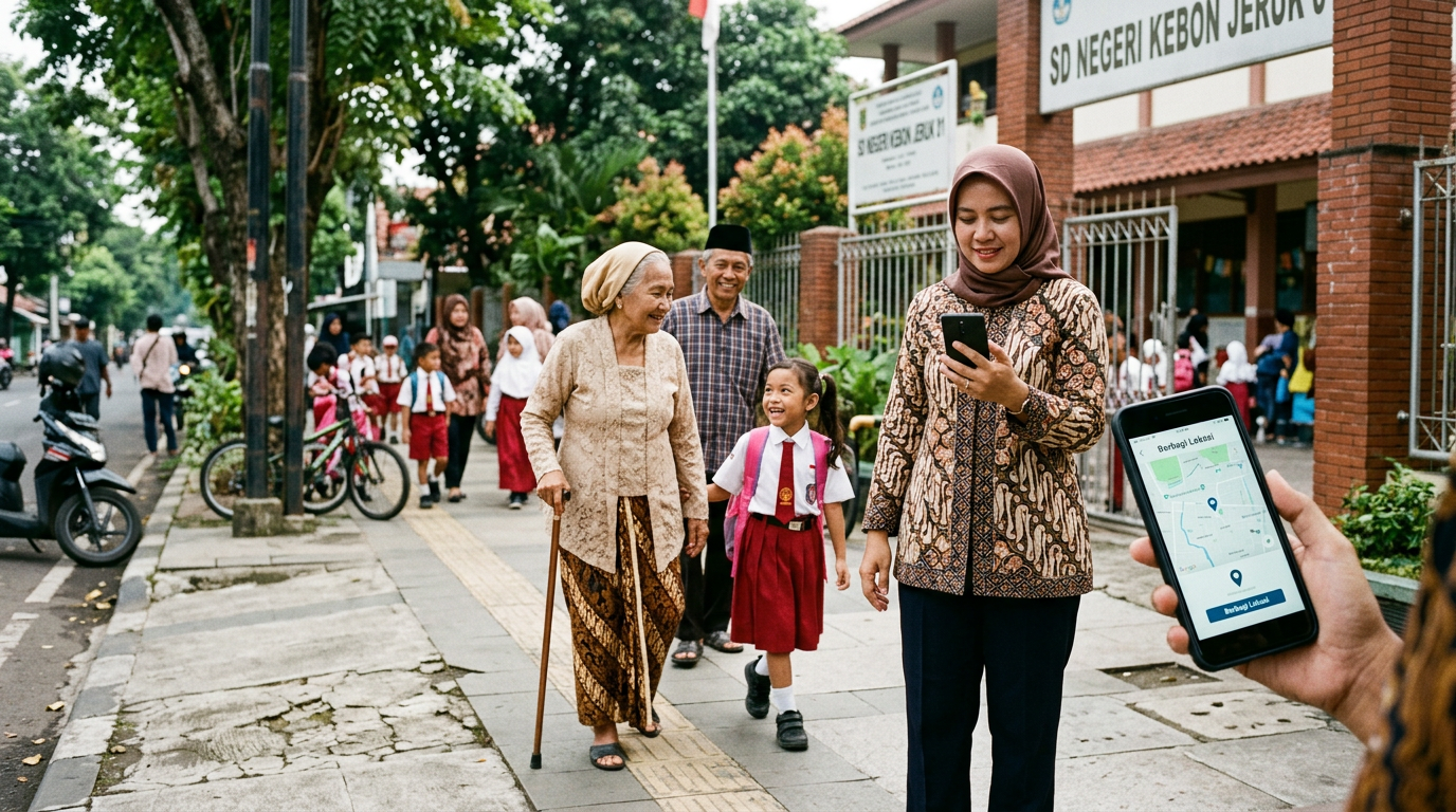 Momen keluarga lintas generasi yang realistis di luar ruangan dekat sekolah atau...