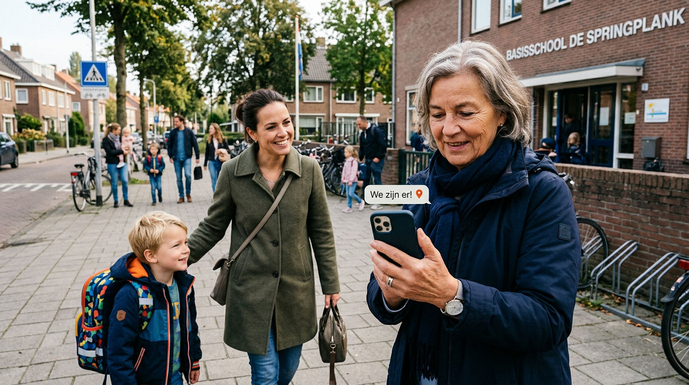 Een realistisch moment met meerdere generaties van een gezin buiten bij een scho...