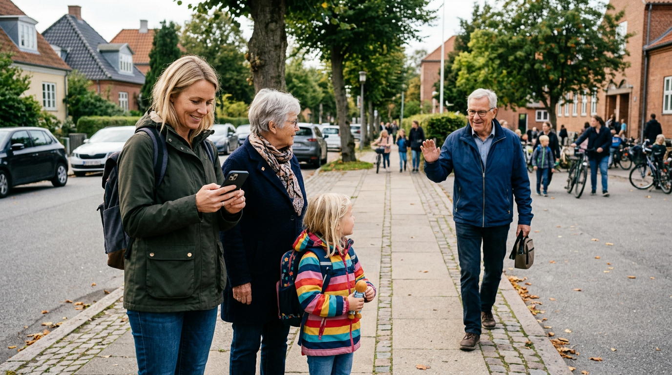 Et realistisk øjeblik med en familie i flere generationer udendørs nær en skole ...
