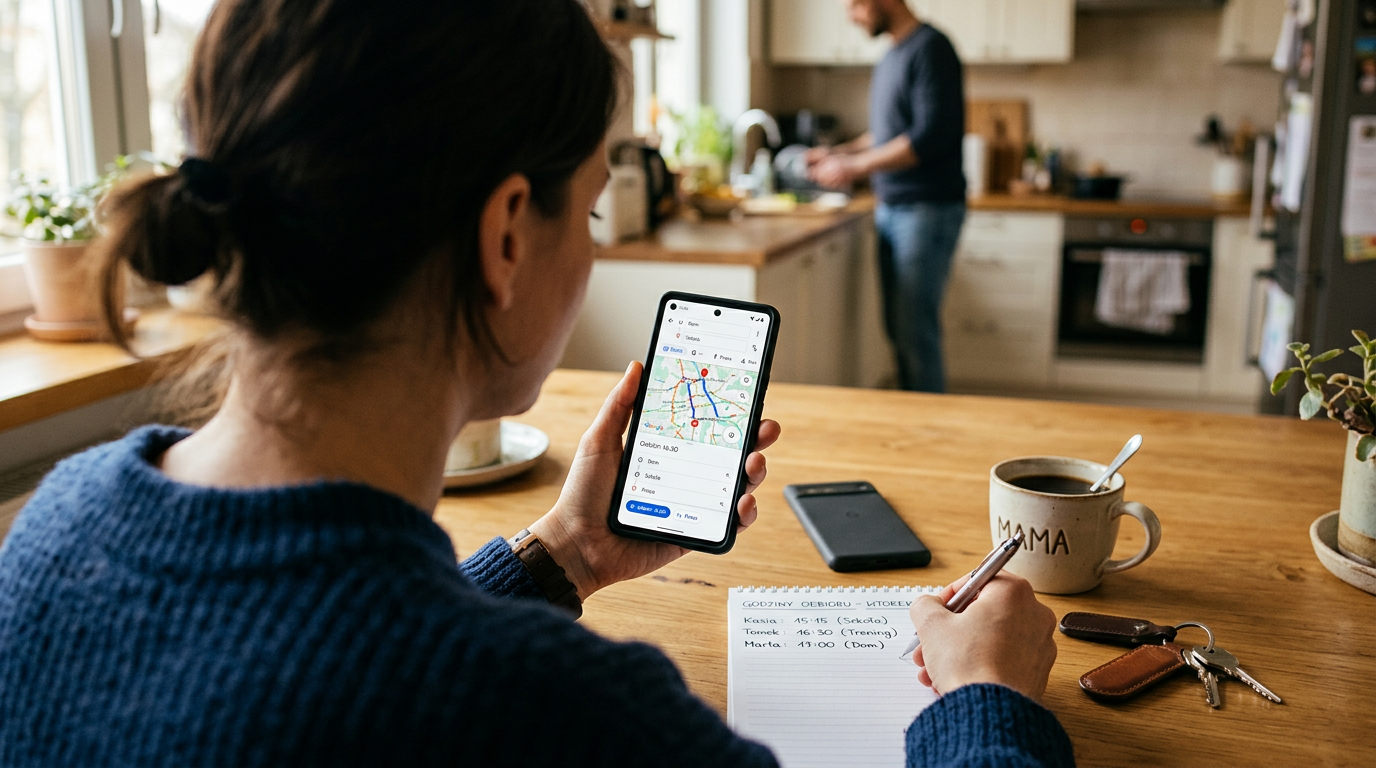 Realistyczne, bliskie ujęcie zza ramienia osoby korzystającej z mapy na smartfon...