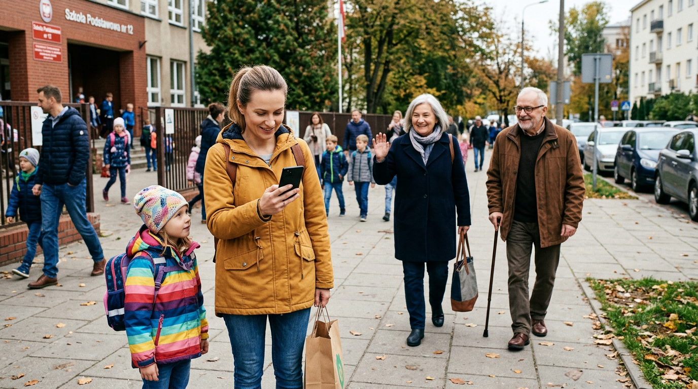 Realistyczna wielopokoleniowa scena rodzinna na zewnątrz w pobliżu szkoły lub os...