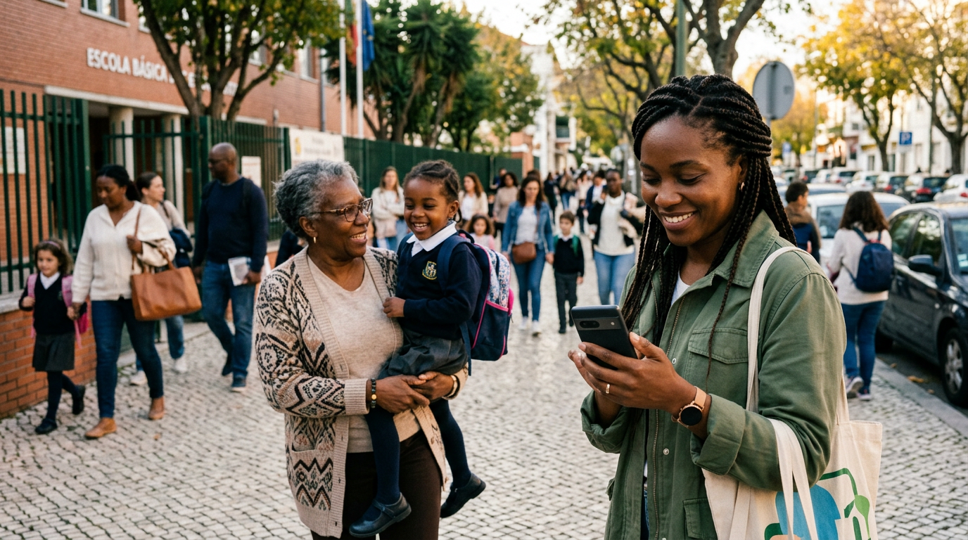 Um momento realista de uma família multigeracional ao ar livre, perto de uma esc...
