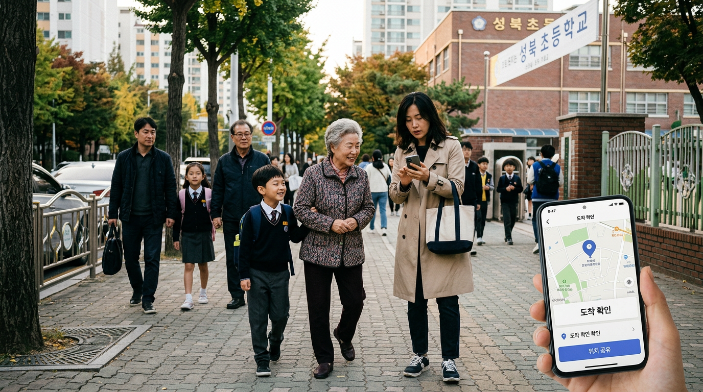 학교 근처나 주택가 보도에서 여러 세대의 가족이 함께 있는 현실적인 순간, 한 어른이 휴대폰을 확인하고 다른 가족 구성원이 다가오는 모습, 내비...