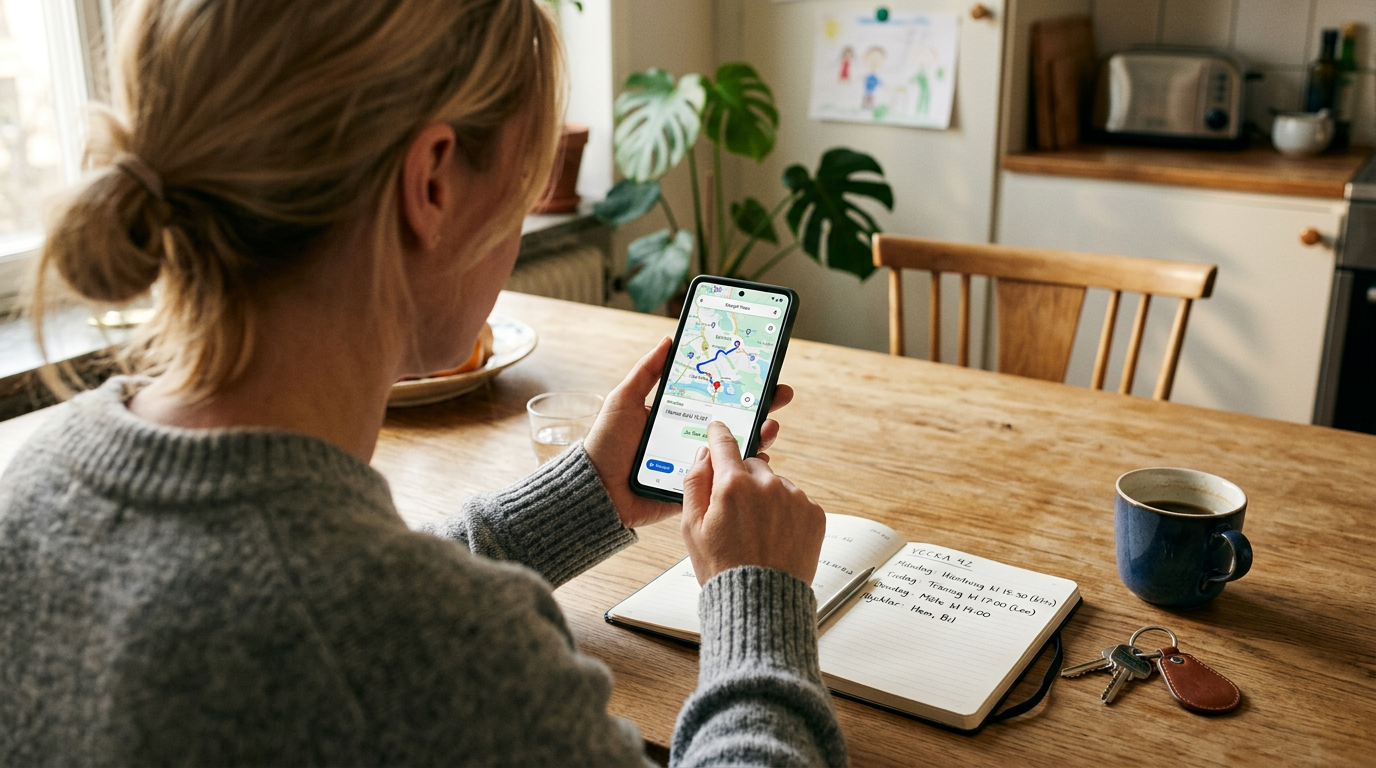 En nära, realistisk vy över axeln av en person som använder ett kartgränssnitt i...