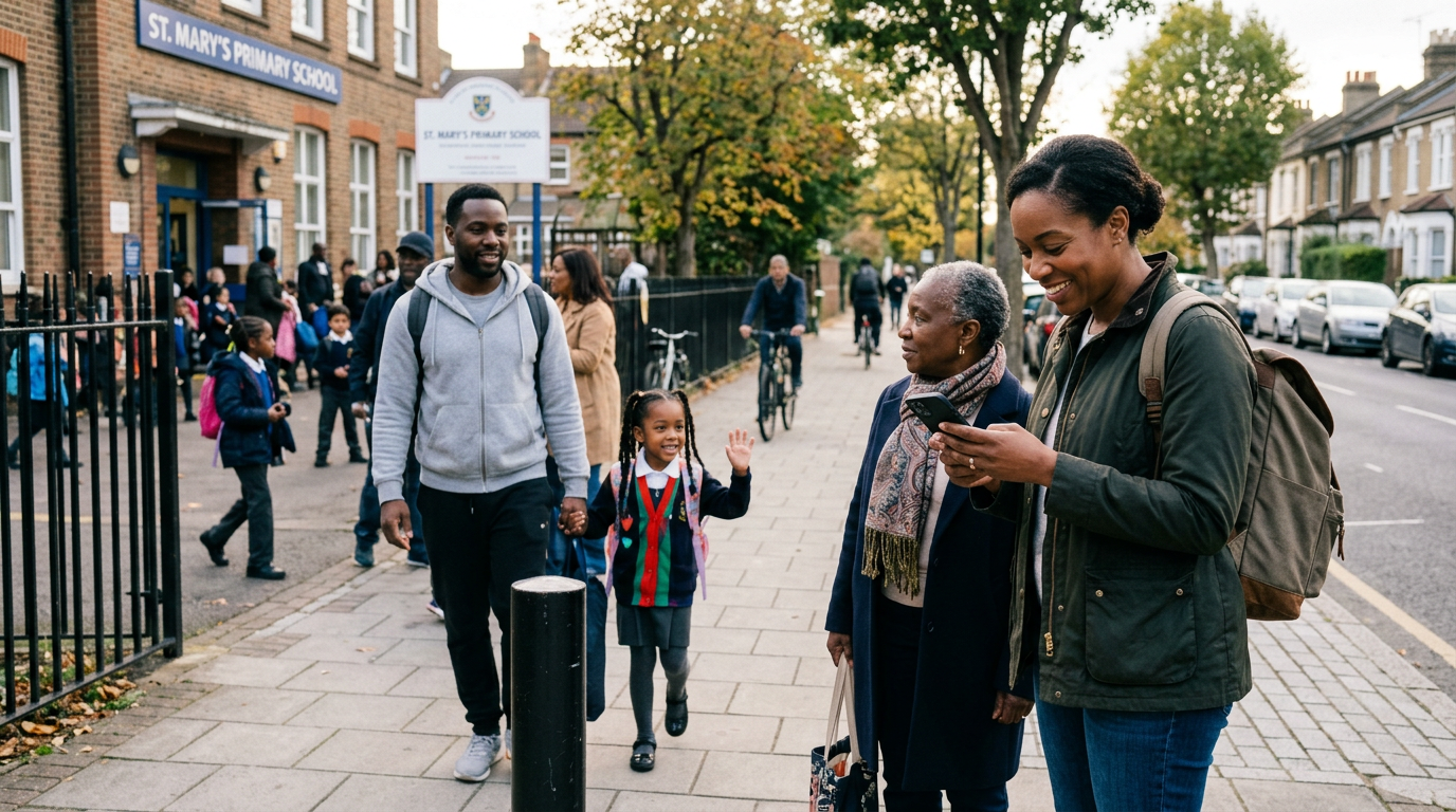 Un moment familial multigénérationnel réaliste en extérieur près d’une école ou ...