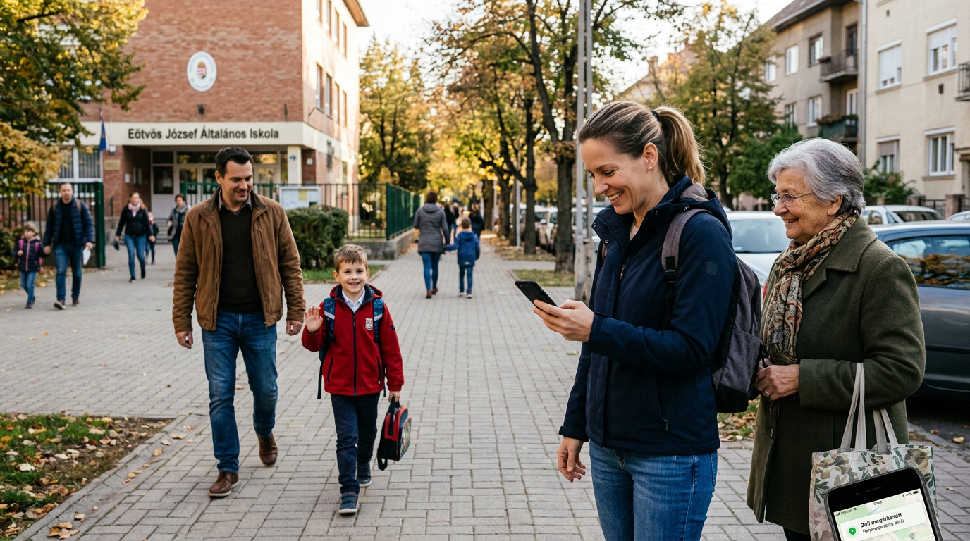 Valósághű, többgenerációs családi pillanat a szabadban iskola vagy lakónegyedi j...