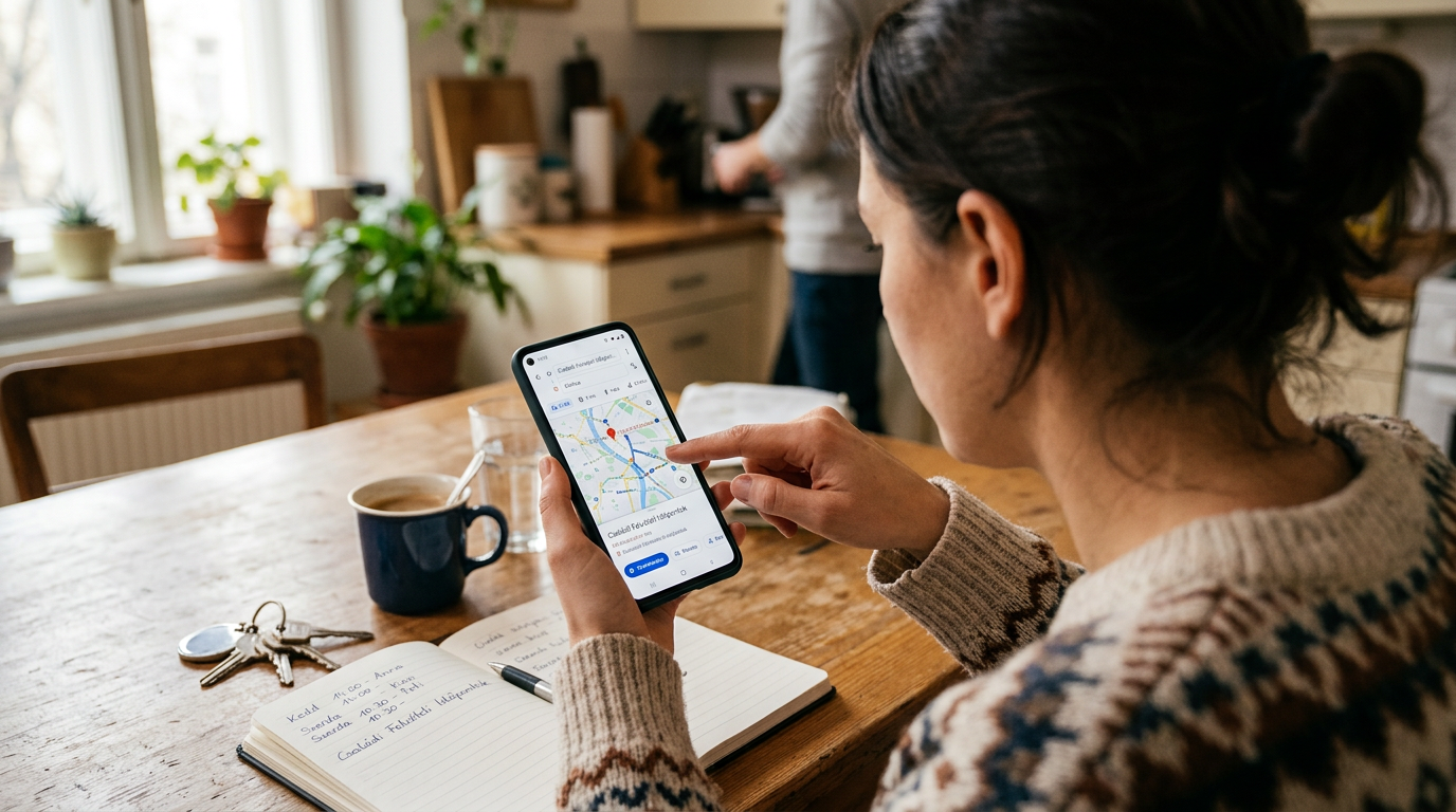 Közeli, valósághű váll fölötti nézet egy emberről, aki okostelefonos térképes fe...