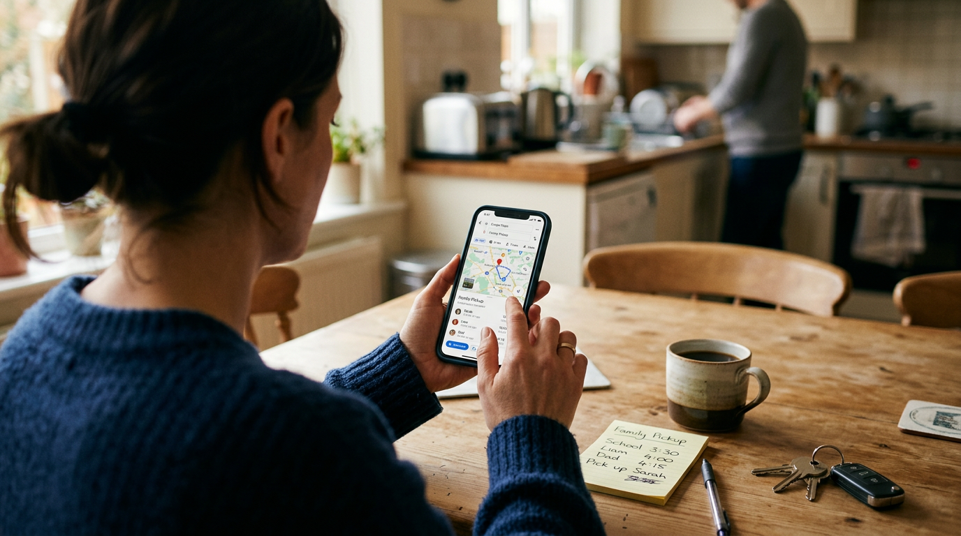 真实近距离的越肩视角，一位用户在厨房餐桌旁使用智能手机地图界面协调家庭接送时间，桌上有便签、钥匙和咖啡杯，暖色自然光，生活化且真实的日常氛围，无文字叠加，无水印...