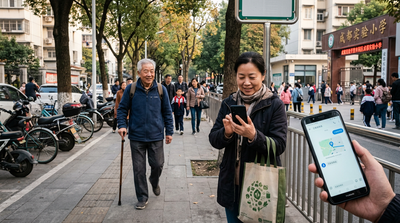 学校附近或社区人行道旁的真实多代同堂家庭户外瞬间，一位成年人查看手机，另一位家人正走近，画面表达安全到达与实用位置共享，而非导航功能，抓拍式 editorial...