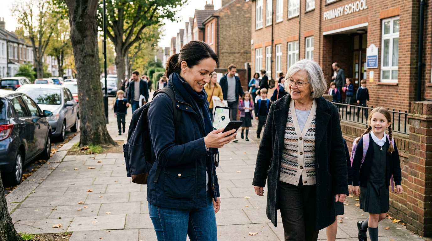 Реалистичный момент из жизни семьи нескольких поколений на улице возле школы или...