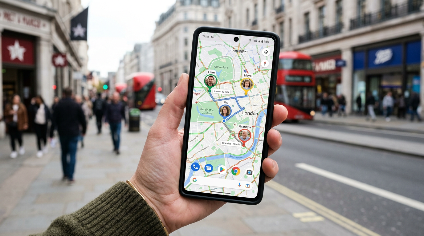A realistic close-up of a smartphone in hand displaying a family location map wi...