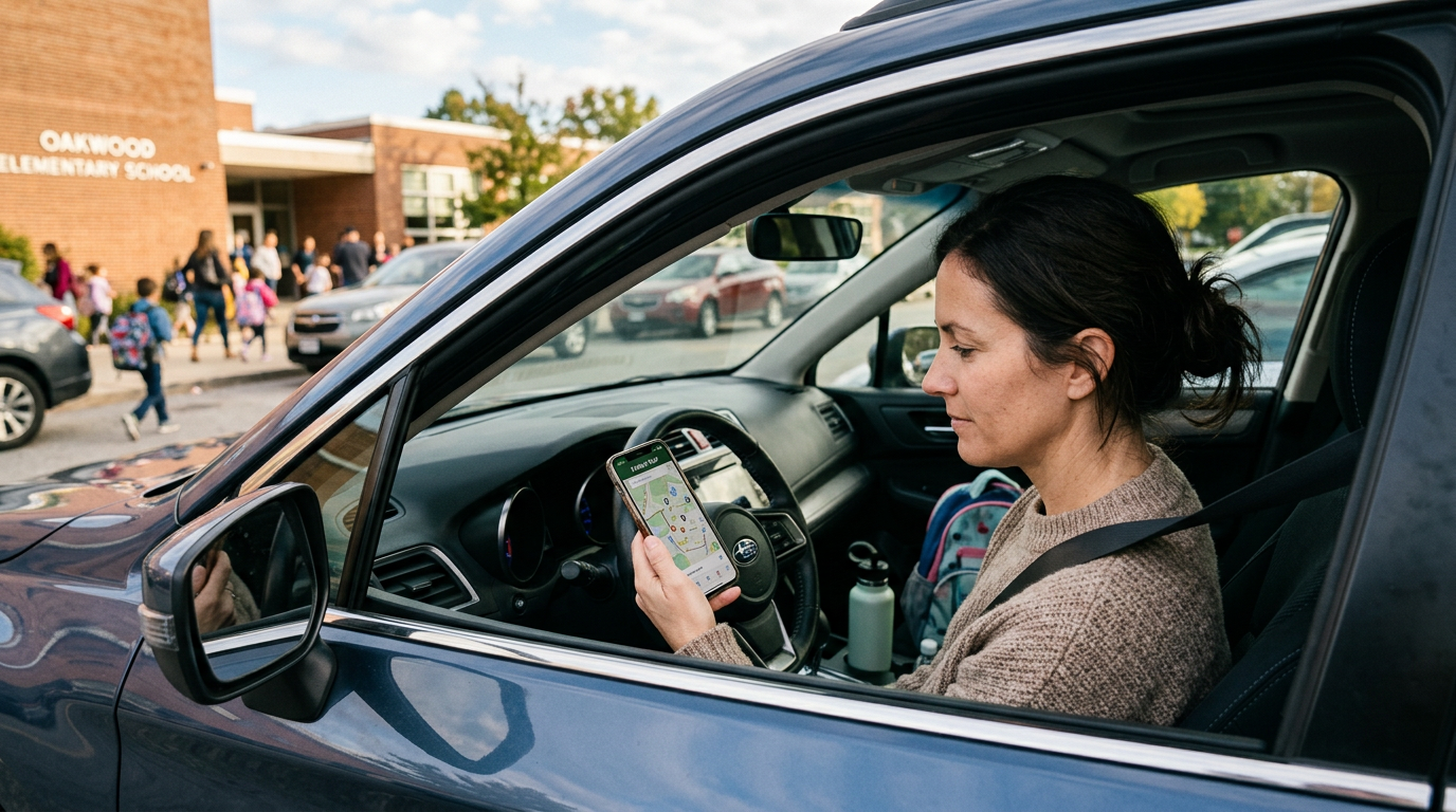 A candid real-life school pickup scene with a parent waiting in a parked car and...