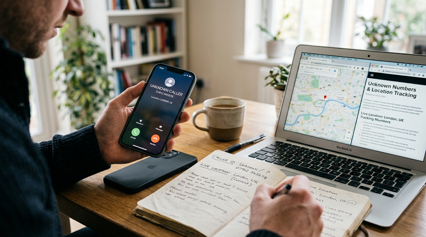 모르는 발신 번호 화면을 책상 위 노트와 노트북과 함께 비교해 보는 현실적인 근접 장면