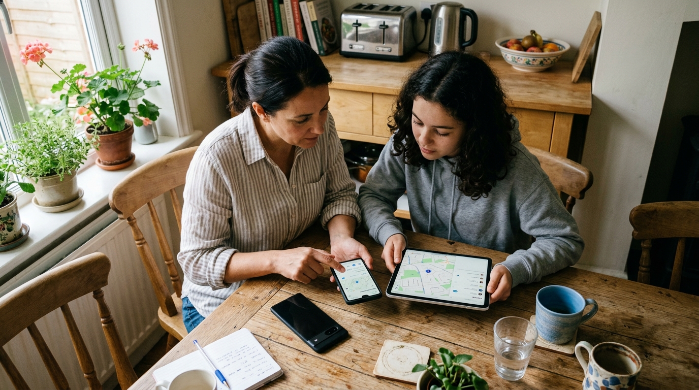 두 가족 구성원이 주방 식탁에서 스마트폰과 태블릿으로 위치 공유 설정을 함께 확인하는 현실적인 위에서 본 장면