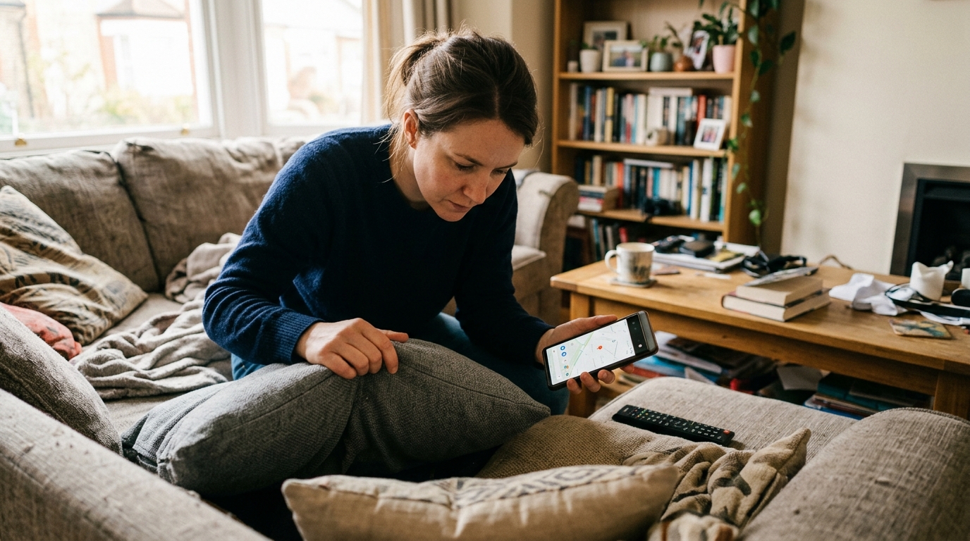 집 안에서 잃어버린 스마트폰을 찾는 현실감 있는 근거리 장면...