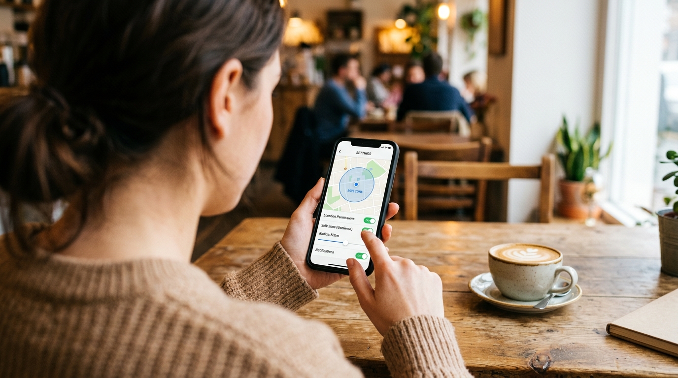 Inquadratura ravvicinata sopra la spalla di una giovane donna che regola le impostazioni sul suo smartphone