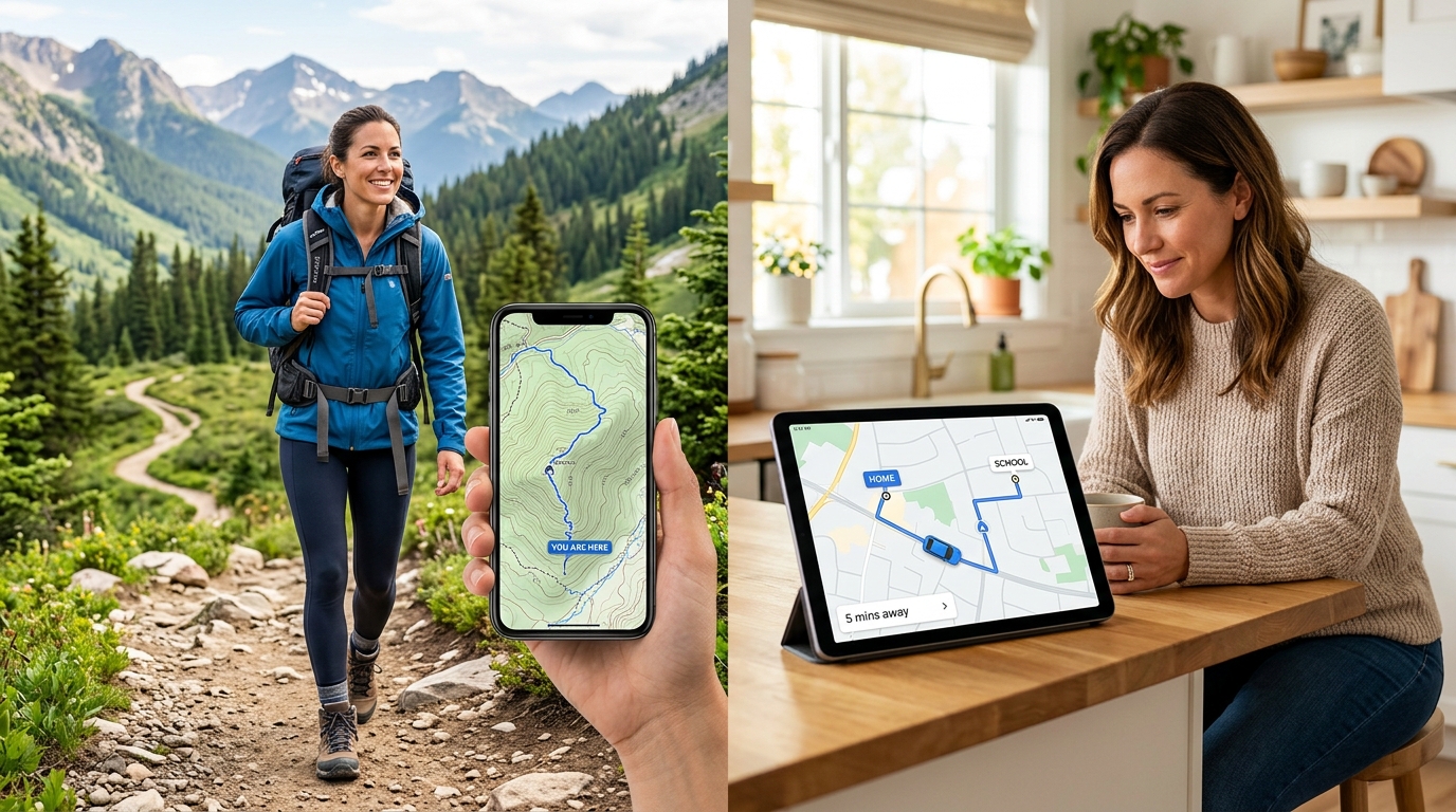 Immagine concettuale divisa. Da un lato, una persona fa trekking con uno smartphone; dall'altro, un genitore monitora un'auto su una mappa digitale.