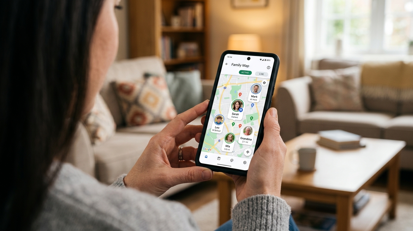 스마트폰으로 통합 가족 지도를 확인하고 있는 사람의 손 클로즈업