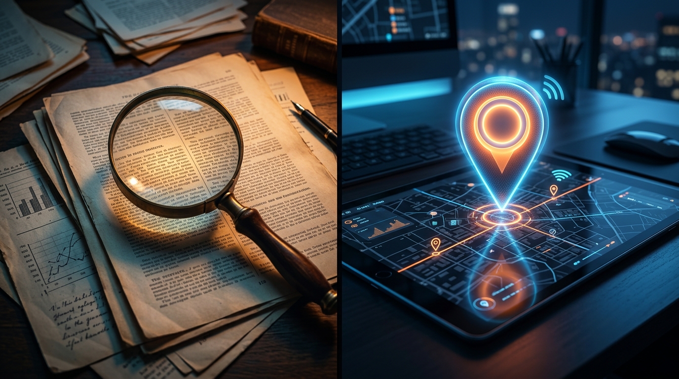 종이 문서 위의 돋보기와 디지털 지도 핀을 대비시킨 시각적 컨셉