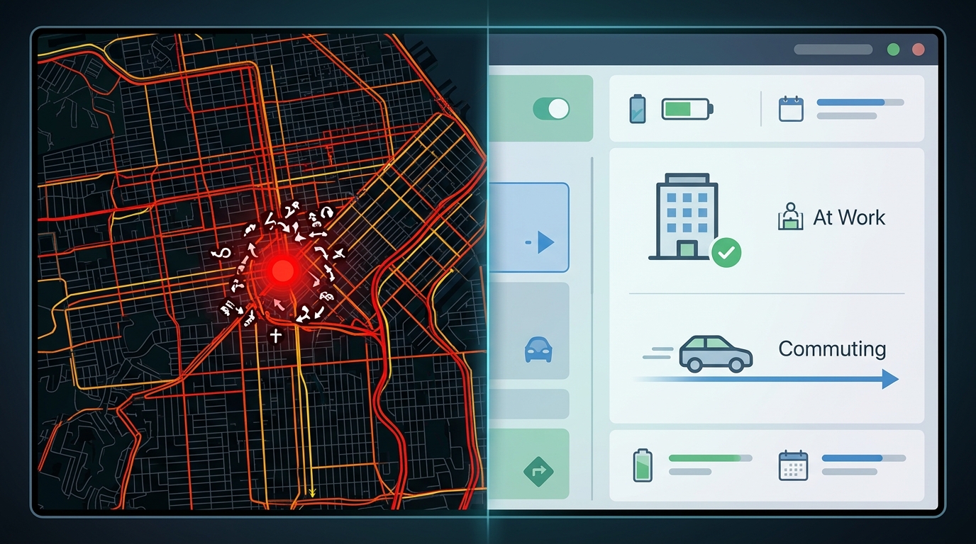 תמונה בהרכב חצוי. בצד שמאל, מפה מסורתית עם נקודה אדומה מהבהבת...