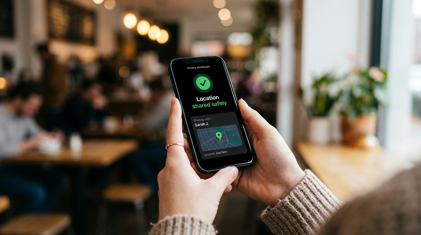 צילום תקריב של ידי אדם האוחזות בסמארטפון מודרני עם ממשק נקי המציג אישור שיתוף מיקום בטוח