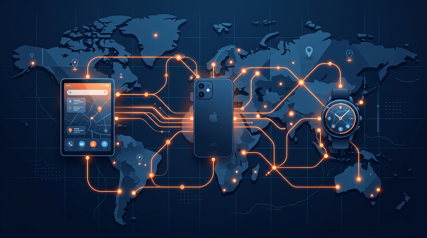 איור קונספטואלי מופשט ומינימליסטי המציג צמתים של נתונים זוהרים המחברים סוגים שונים של מכשירים ניידים על פני מפה גיאוגרפית