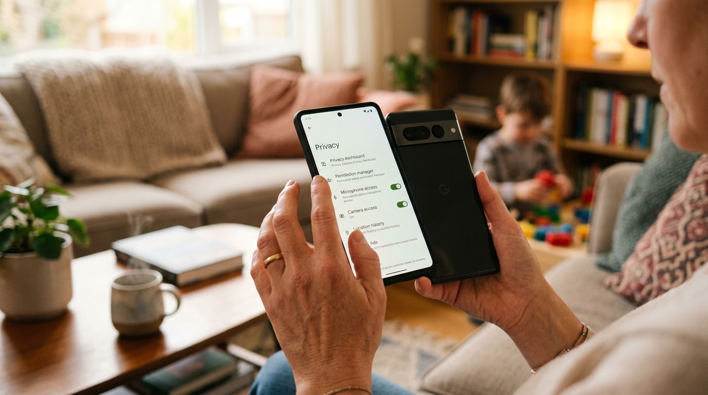 תקריב של ידיים המחזיקות סמארטפון ומכוונות את הגדרות הפרטיות על המסך