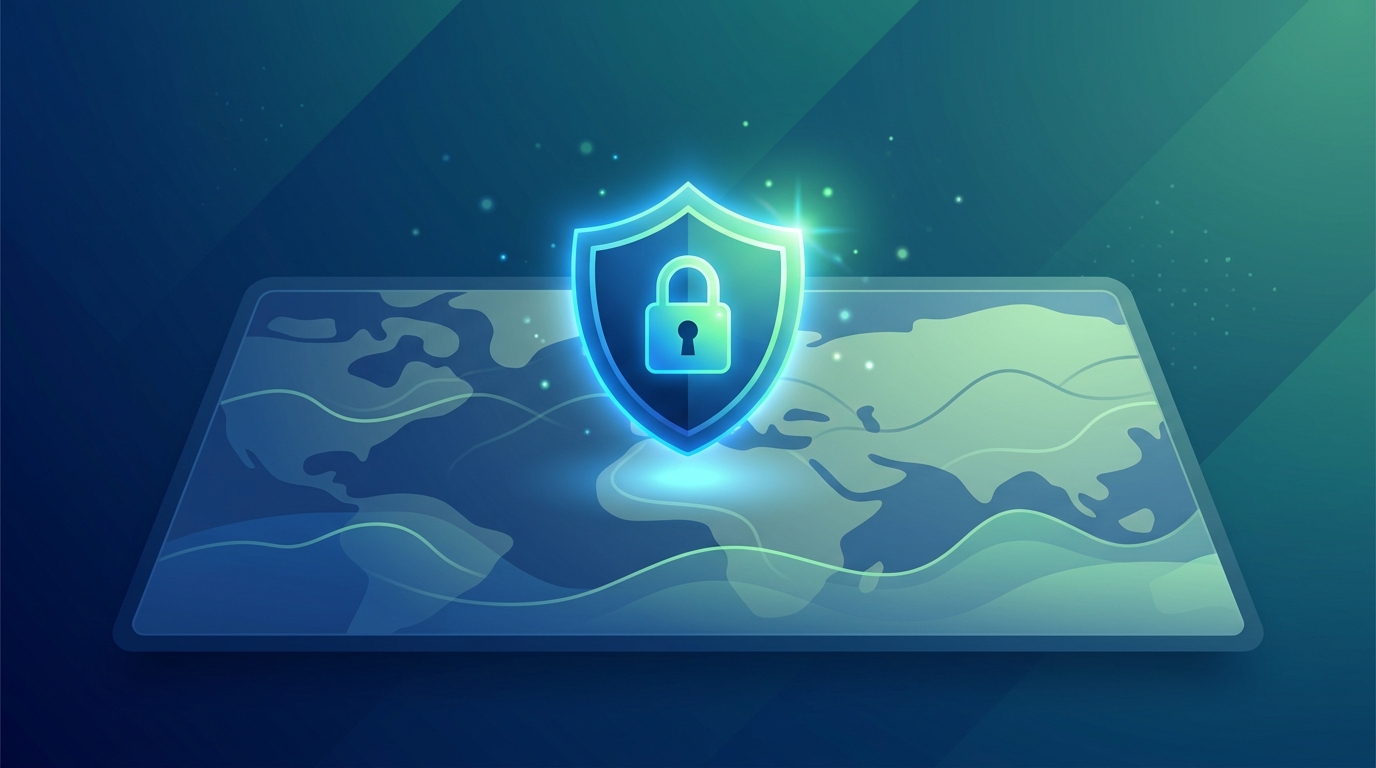 איור דיגיטלי קונספטואלי המציג סמל של מגן זוהר המרחף מעל ממשק מפות מינימליסטי