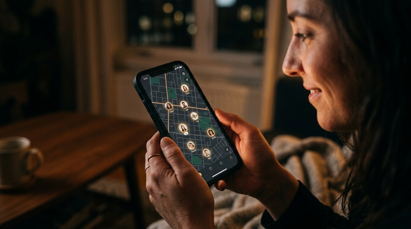 A close-up, atmospheric shot of a person's hands holding a smartphone in a dimly...