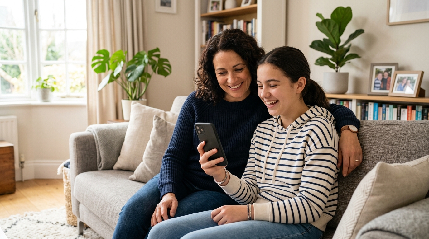A high-quality lifestyle image of an adult and a teenager sitting together on a ...