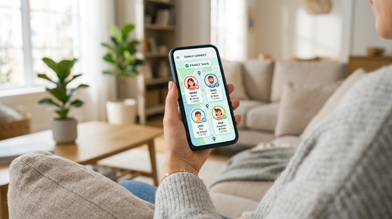 תקריב של יד אוחזת בסמארטפון בסלון מודרני ומואר תוך שימוש באפליקציית מעקב מיקום.