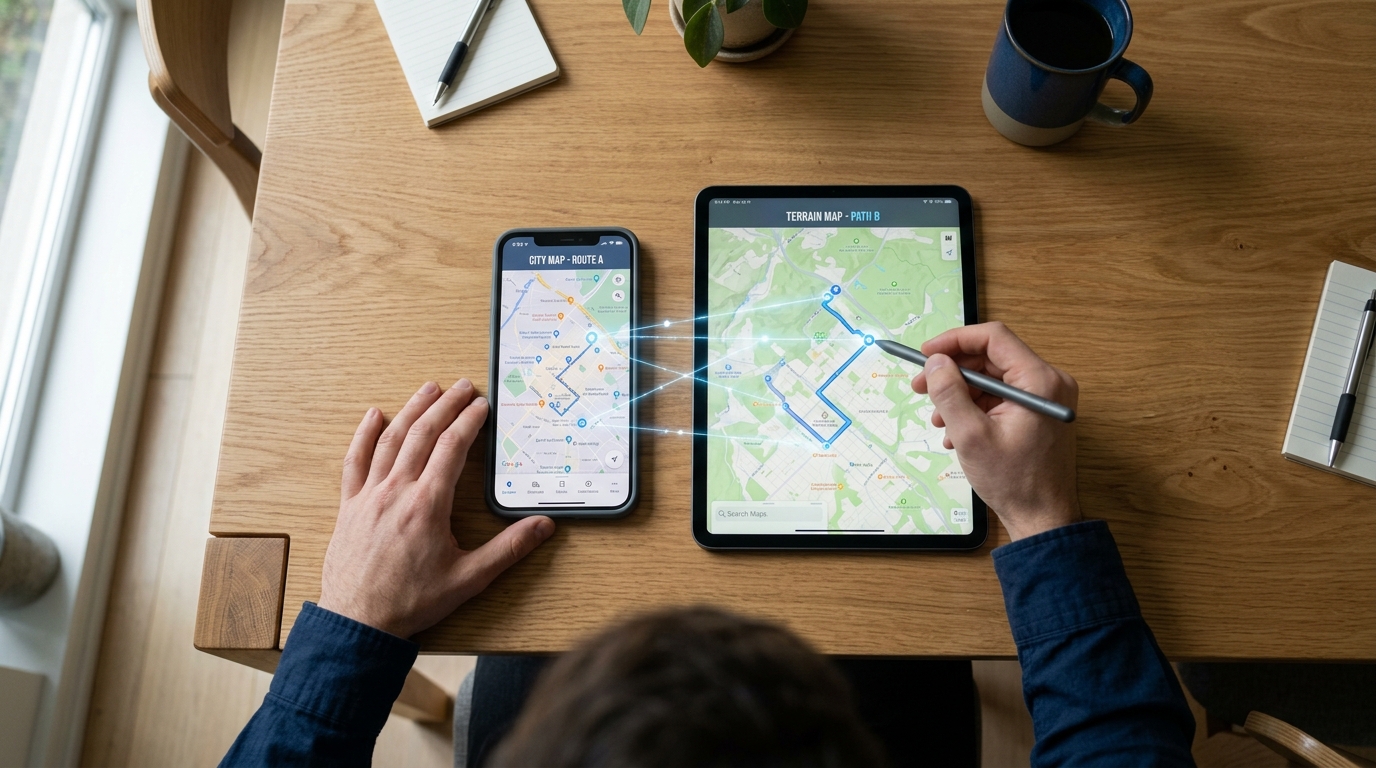 מבט מלמעלה על שולחן עץ מודרני שבו אדם משווה בין שתי אפליקציות מעקב שונות במכשירים ניידים.