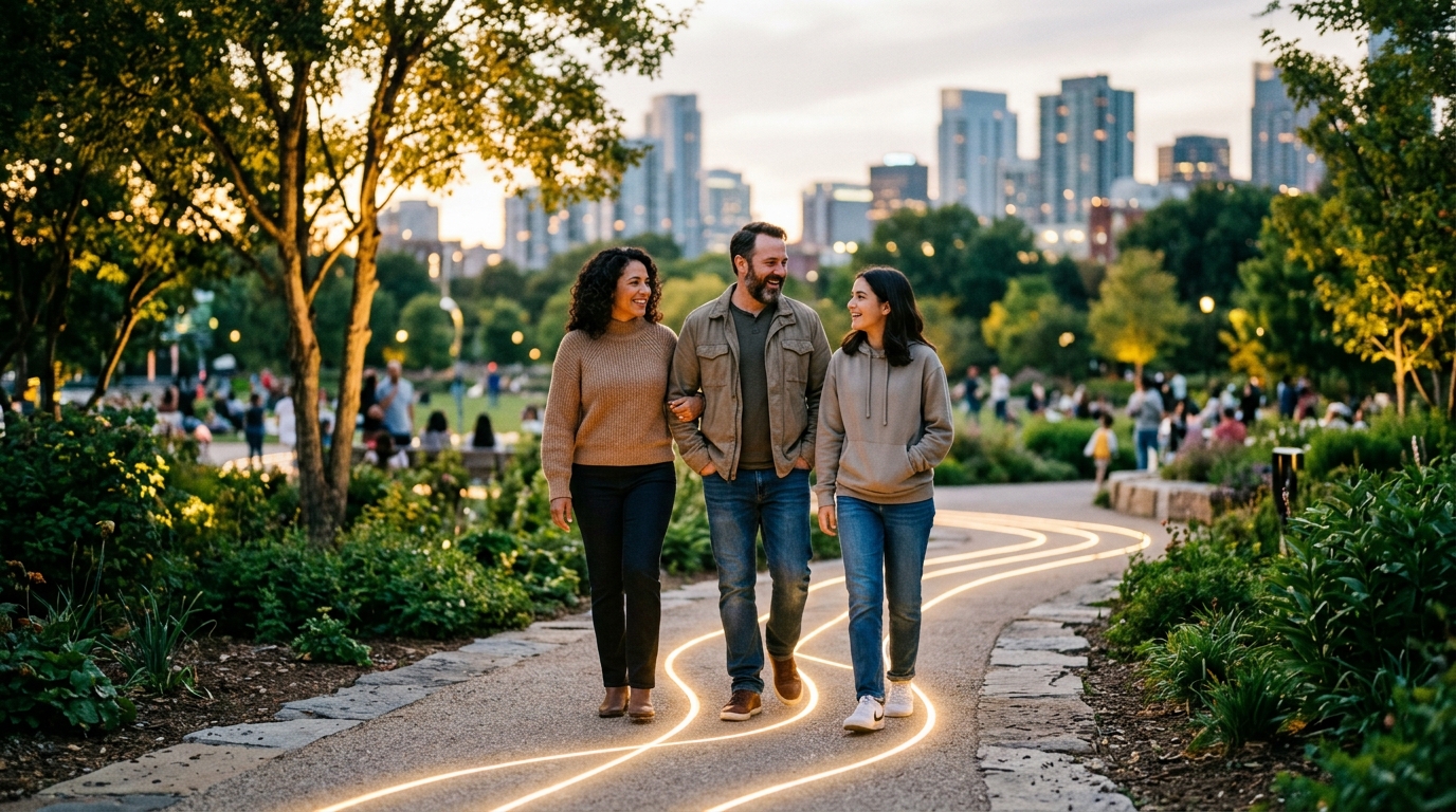 An artistic conceptual image of a family walking together, representing digital safety and connectivity.