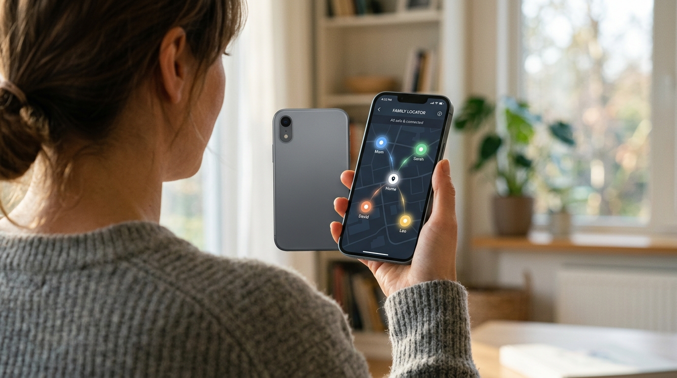 A close-up shot over the shoulder of a person holding a modern smartphone displaying a family location tracking map.