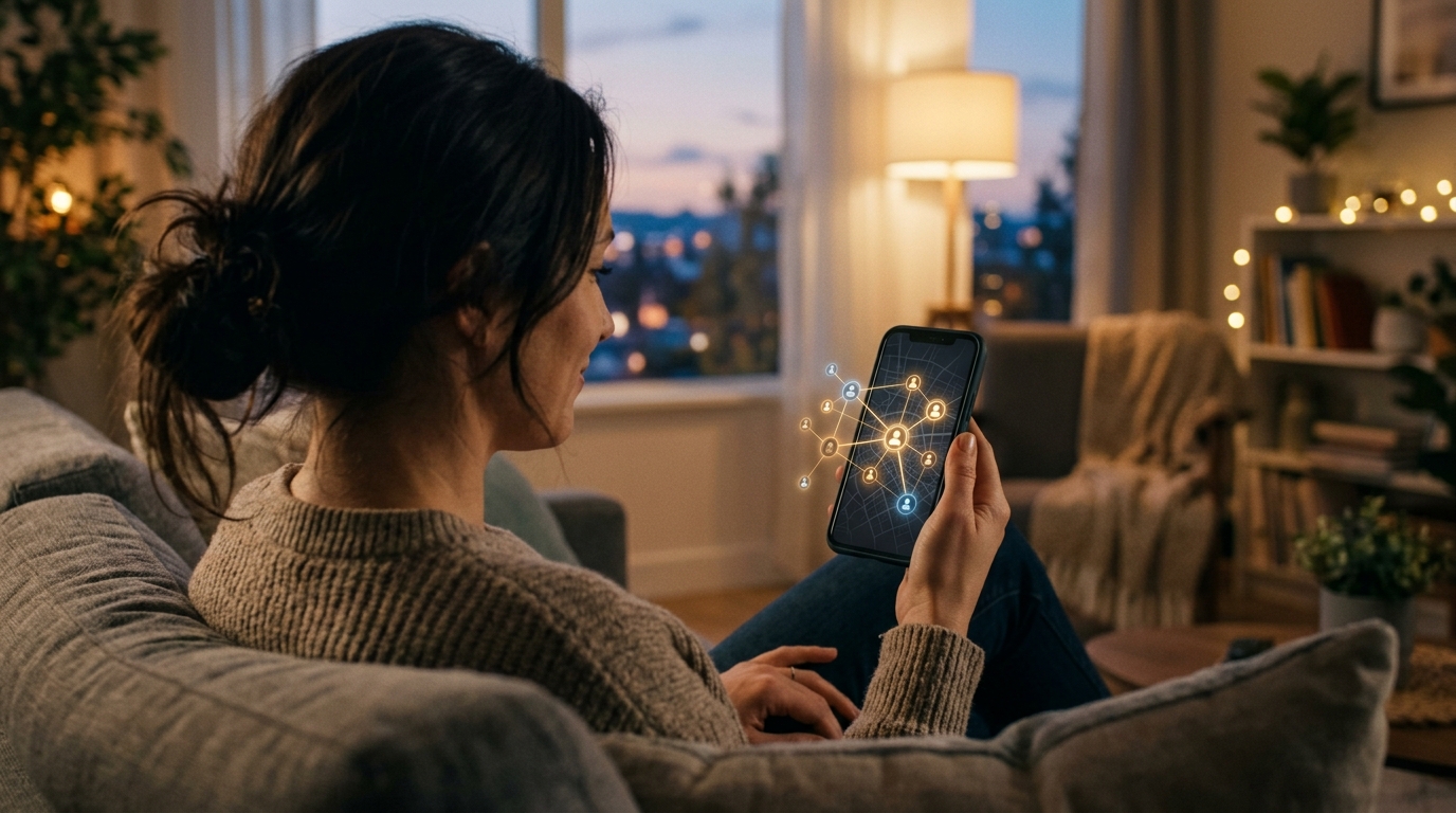 夕暮れ時のリビングルームで、スマートフォンを手に持ち家族のネットワークを確認する人の肩越しショット