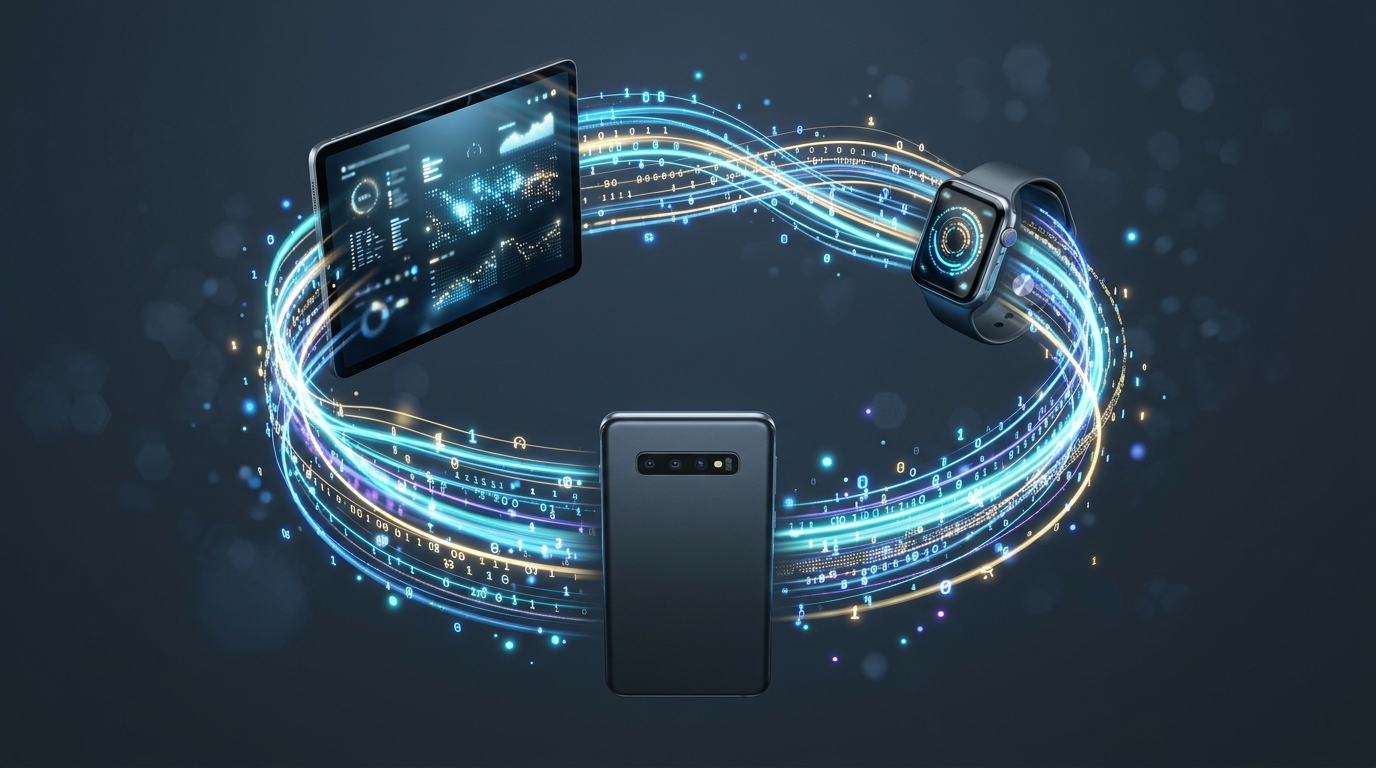 スマートデバイス間でデジタルデータがスムーズに流れる様子を表現した抽象的なコンセプトビジュアル