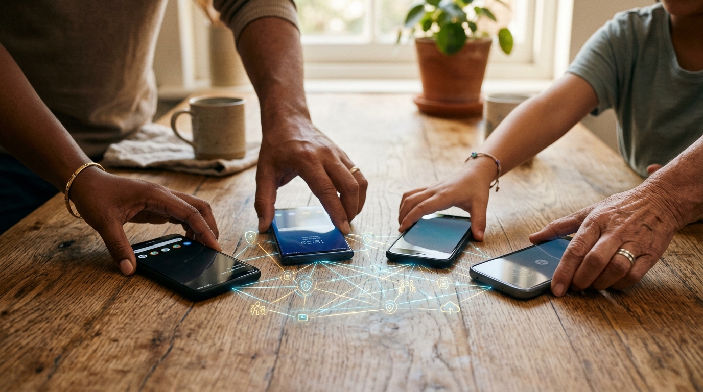 Gros plan sur les mains d'une famille diverse posant différentes marques de smartphones sur une table en bois pour symboliser l'interopérabilité des appareils.