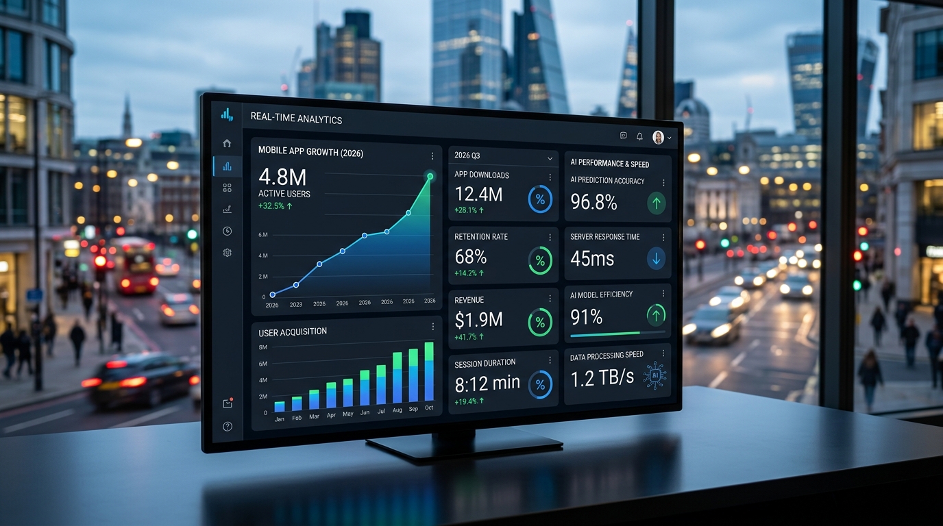 Vue analytique d'un tableau de bord moderne affichant des graphiques de données en hausse et des pourcentages concernant la rétention des applications.