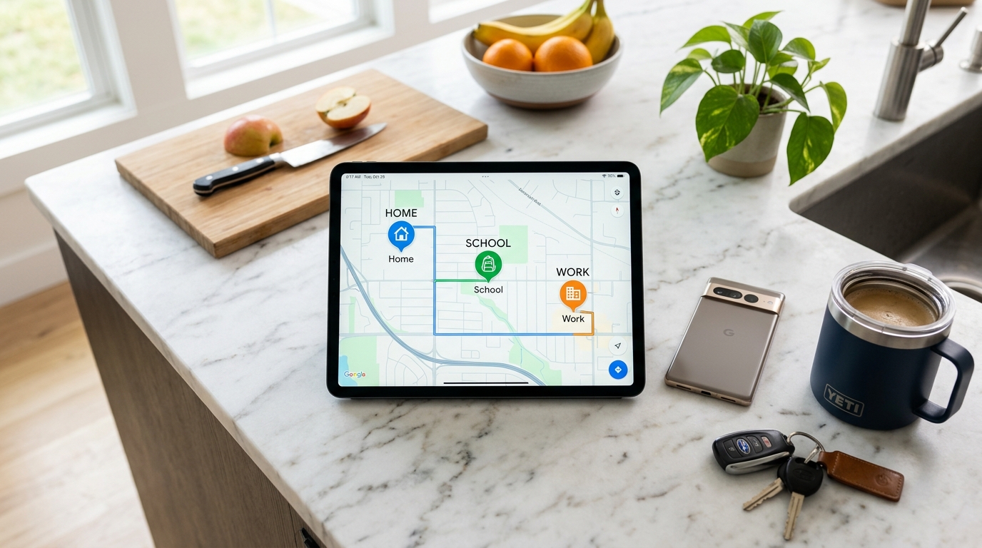 現代的なキッチンカウンターを真上から見た、家族の連携セットアップ