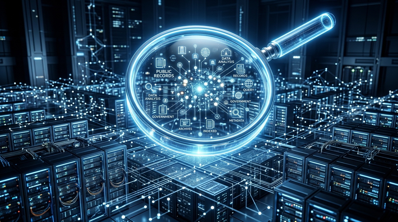Ett konceptuellt fotografi av ett stort glödande förstoringsglas över ett nätverk av data.