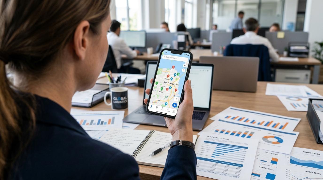 En närbild över axeln på en person som håller en modern smartphone över ett skrivbord med datautskrifter.