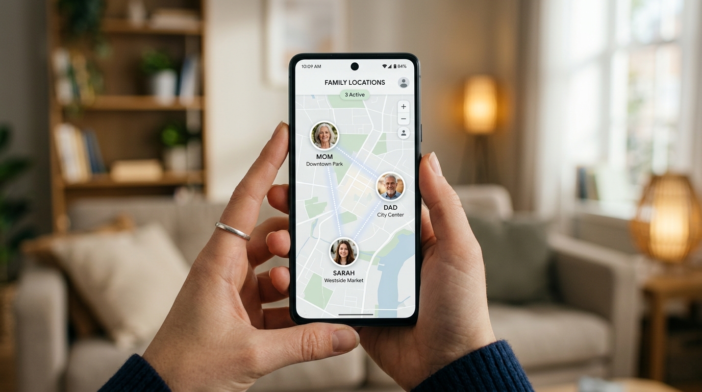 Un primo piano delle mani di una persona che impugna un moderno telefono cellulare. Lo schermo mostra una mappa digitale minimalista con icone avatar.