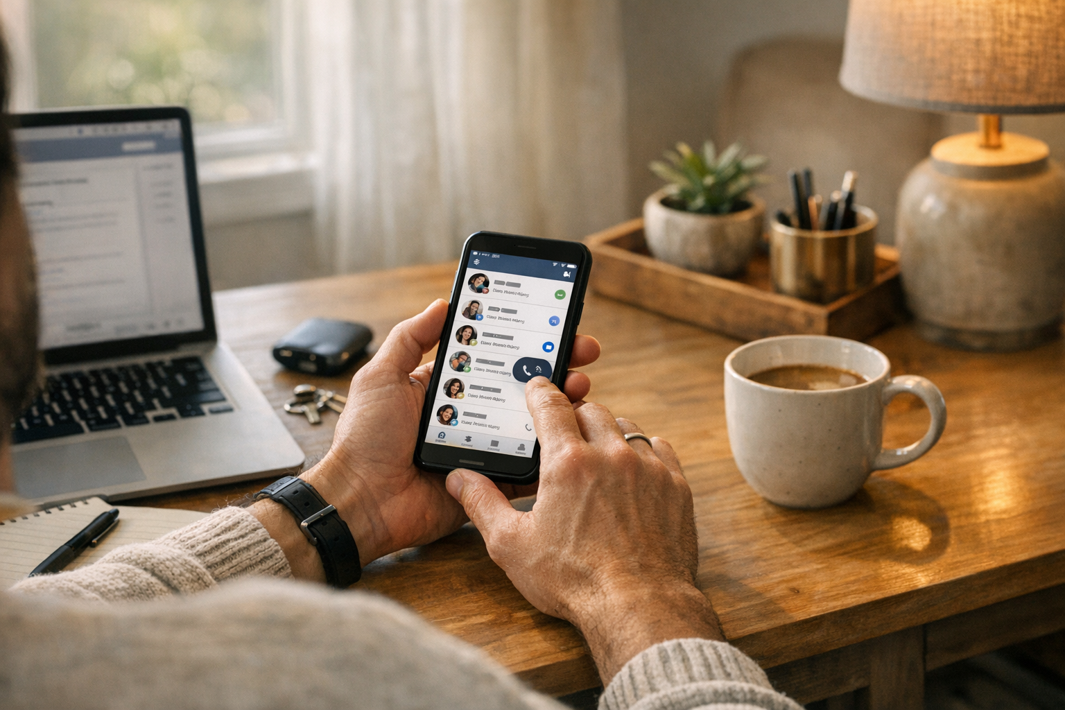 A realistic lifestyle scene of a person using a smartphone to manage marketplace...