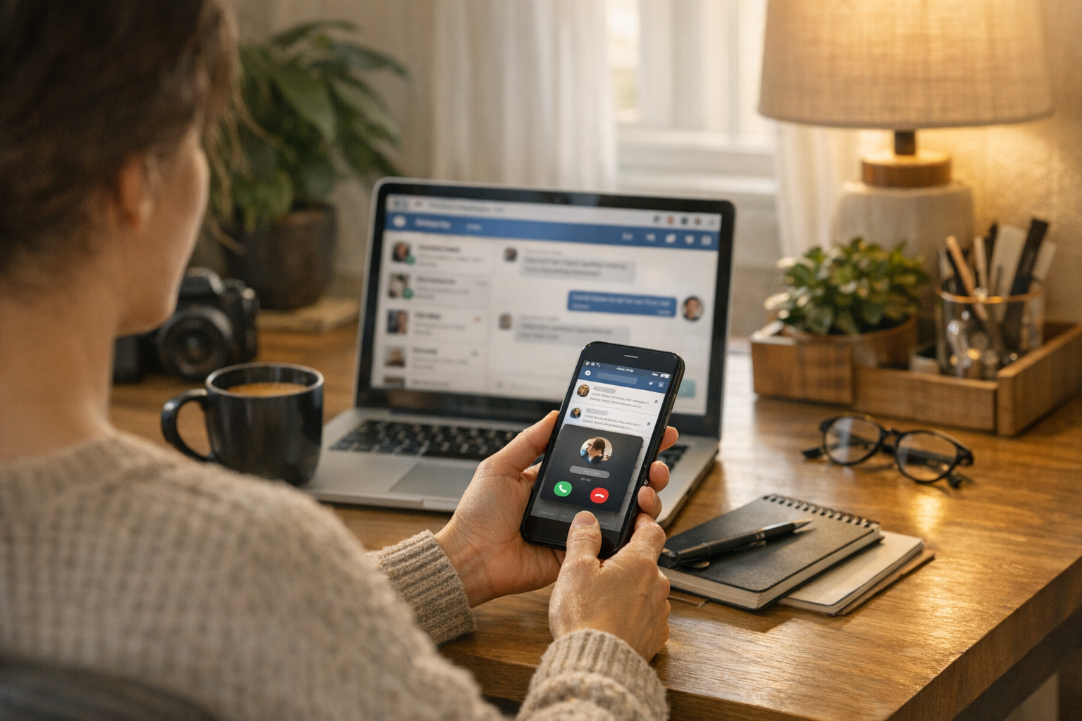 Une scène de vie réaliste montrant une personne utilisant un smartphone pour gér...