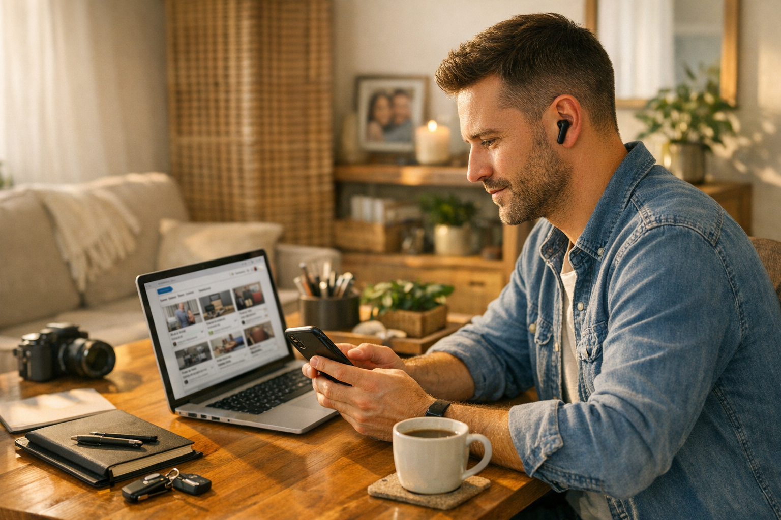 Valósághű életkép egy otthonról dolgozó emberről, aki okostelefonon kezeli a pia...