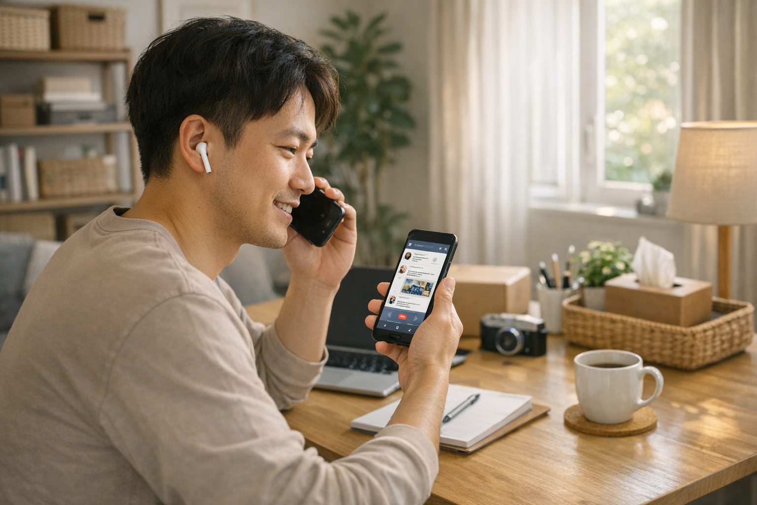 自宅で作業しながら、スマートフォンでフリマやマーケットプレイスのメッセージと通話を管理している人物のリアルなライフスタイルシーン。プライバシーと整理のしやすさが...