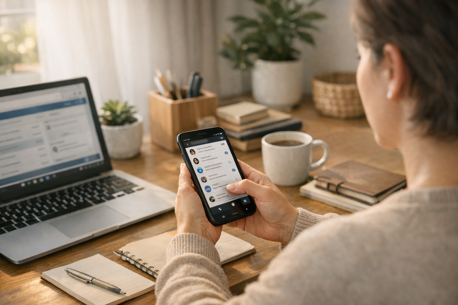 Uma cena de estilo de vida realista de uma pessoa usando um smartphone para gere...