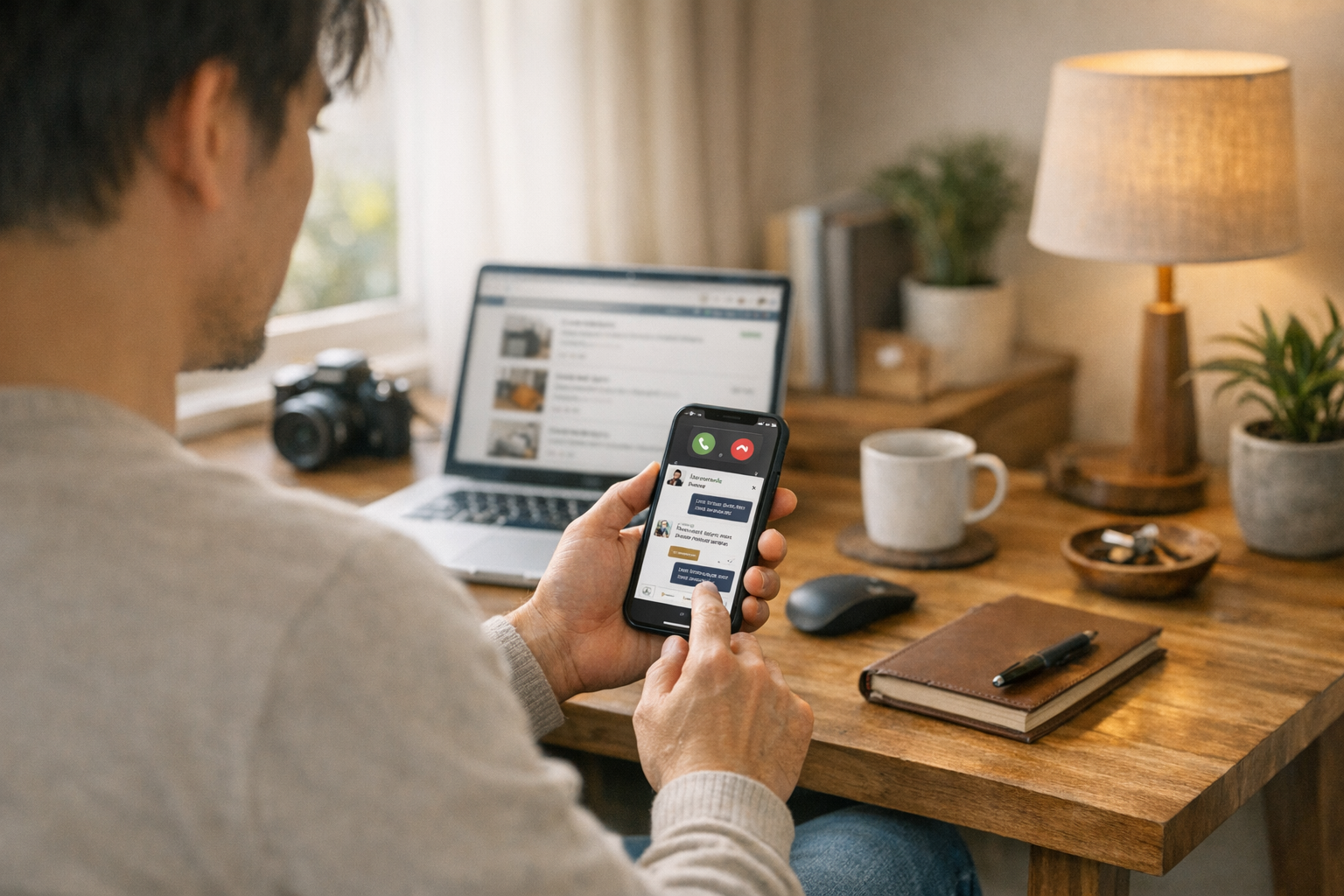 真实生活方式场景：一个人在家办公时使用智能手机管理二手交易平台的消息和来电，画面传达隐私与井然有序的感觉，温暖自然光，整洁书桌，照片级真实感，无文字叠加，无水印
