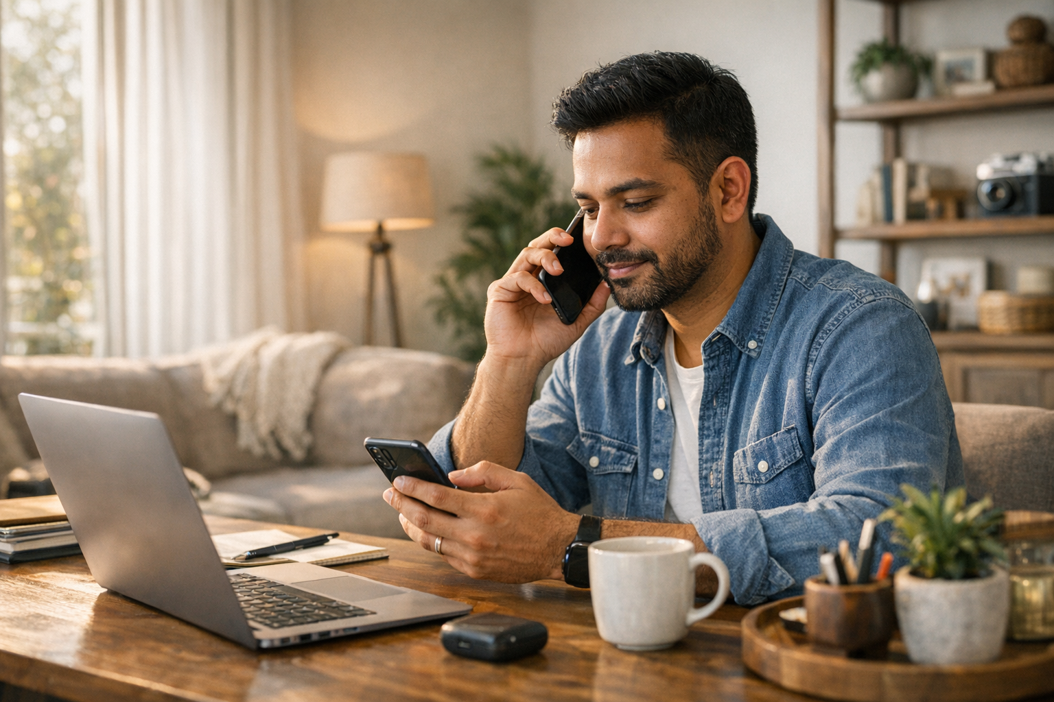 घर से काम करते हुए एक व्यक्ति का यथार्थवादी लाइफस्टाइल दृश्य, जो स्मार्टफोन पर म...