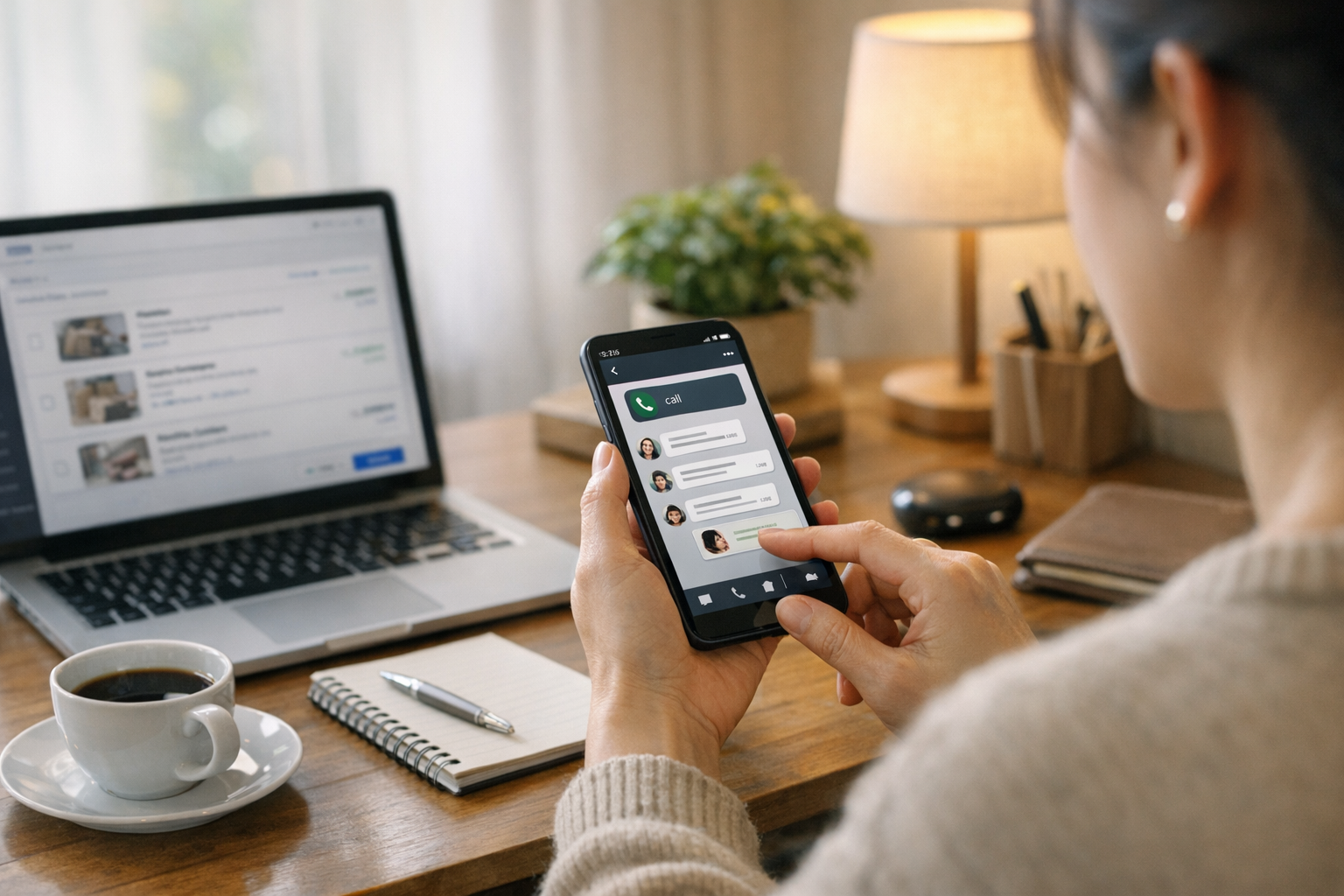 Adegan gaya hidup realistis seseorang menggunakan smartphone untuk mengelola pes...